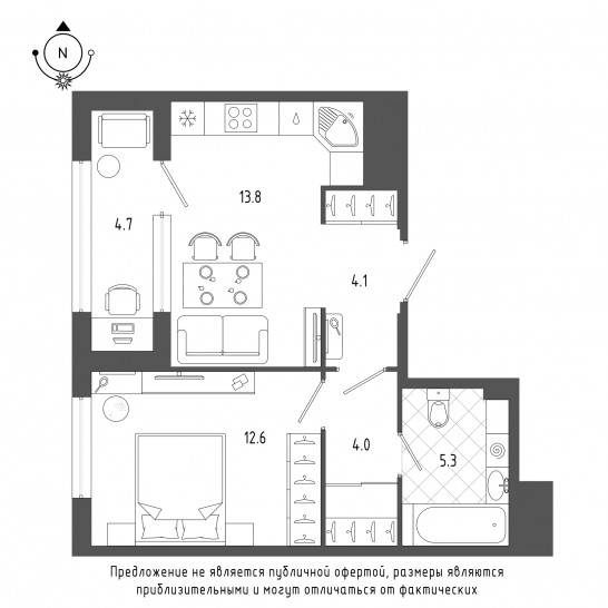 Однокомнатная квартира 42.3 м²