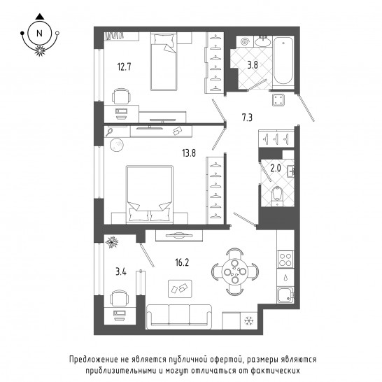 Двухкомнатная квартира 57.5 м²
