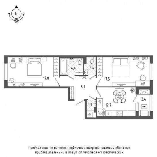 Двухкомнатная квартира 65.7 м²