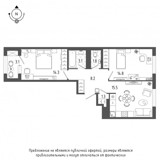 Двухкомнатная квартира 60.7 м²