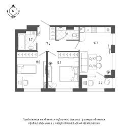 Двухкомнатная квартира 55.9 м²
