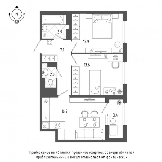 Двухкомнатная квартира 57.5 м²