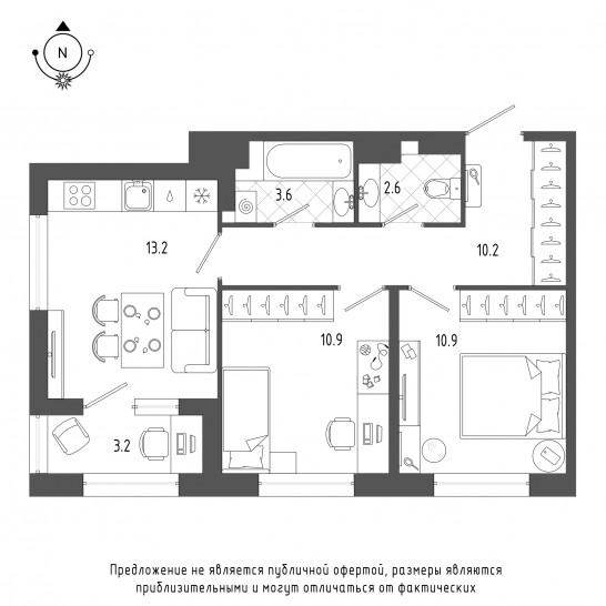 Двухкомнатная квартира 53.1 м²