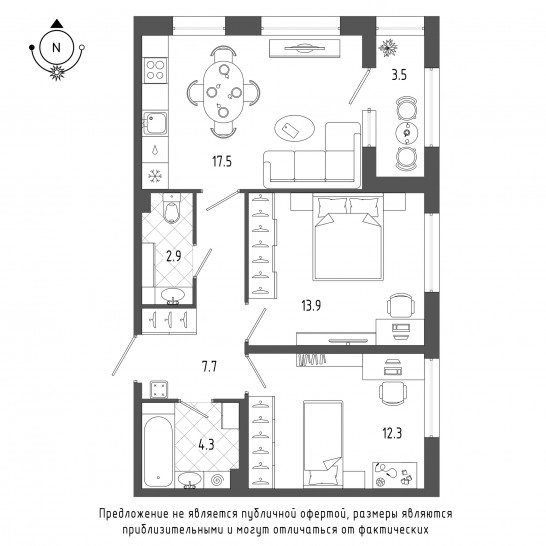 Двухкомнатная квартира 60.4 м²
