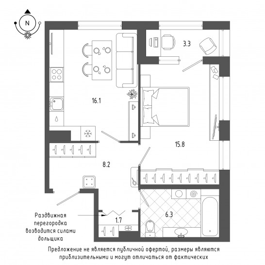 Однокомнатная квартира 49.8 м²