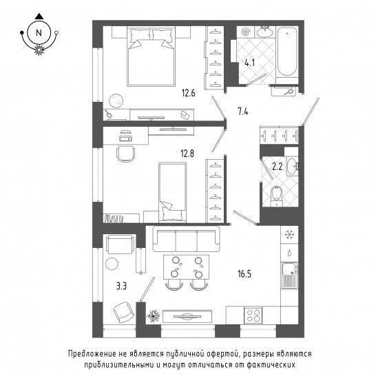 Двухкомнатная квартира 57.5 м²