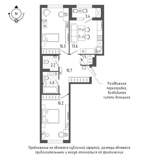 Двухкомнатная квартира 68.6 м²