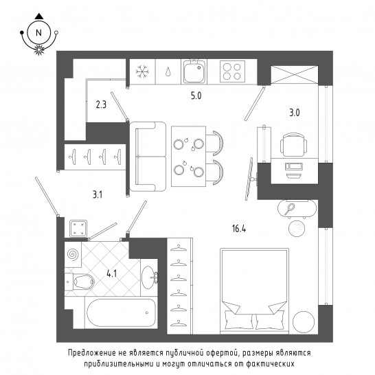 Однокомнатная квартира 32.6 м²