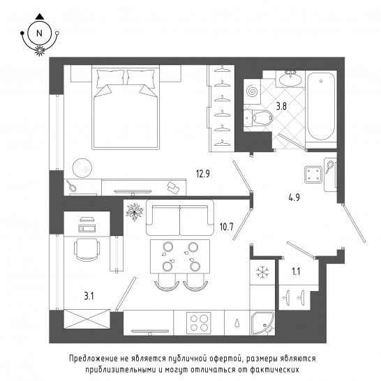 Однокомнатная квартира 34.9 м²
