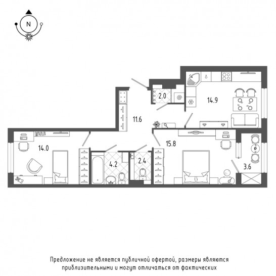 Двухкомнатная квартира 66.7 м²