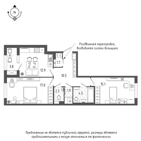 Двухкомнатная квартира 67.8 м²