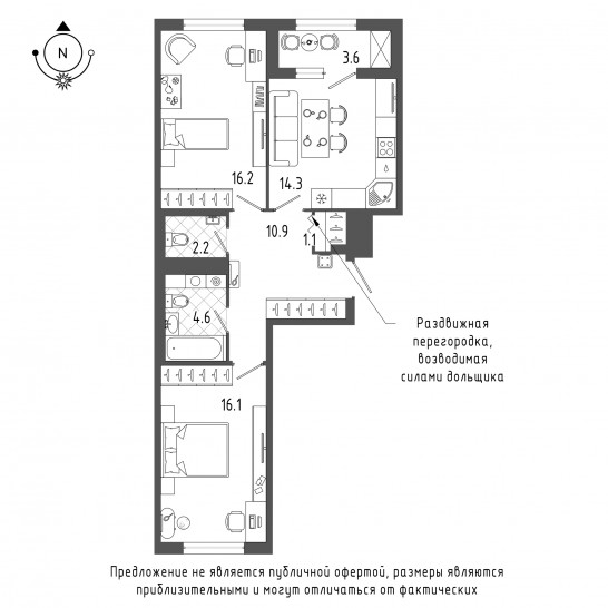 Двухкомнатная квартира 67.4 м²