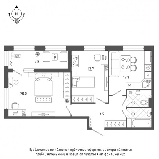 Двухкомнатная квартира 65.8 м²