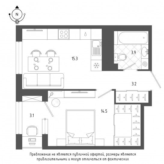 Однокомнатная квартира 38.4 м²