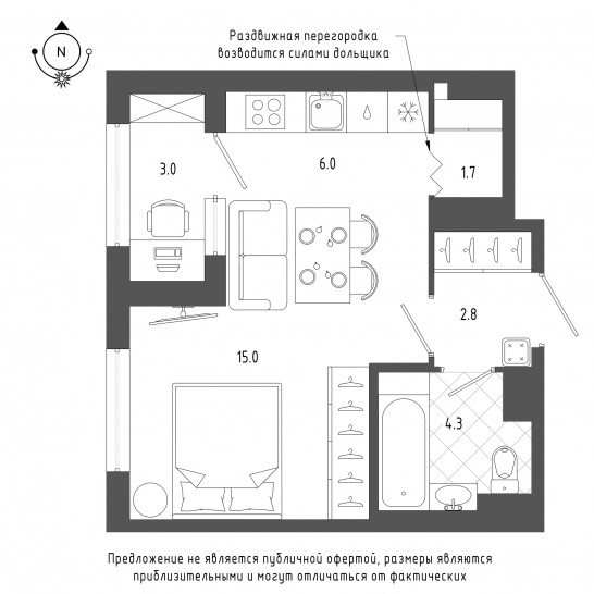Однокомнатная квартира 31.5 м²