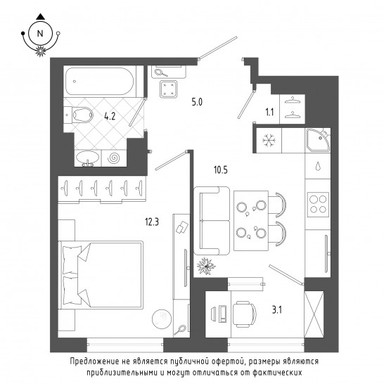 Однокомнатная квартира 34.4 м²