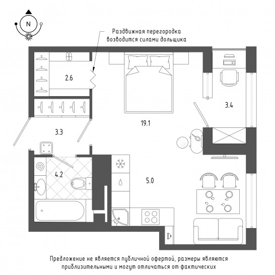 Однокомнатная квартира 36.1 м²
