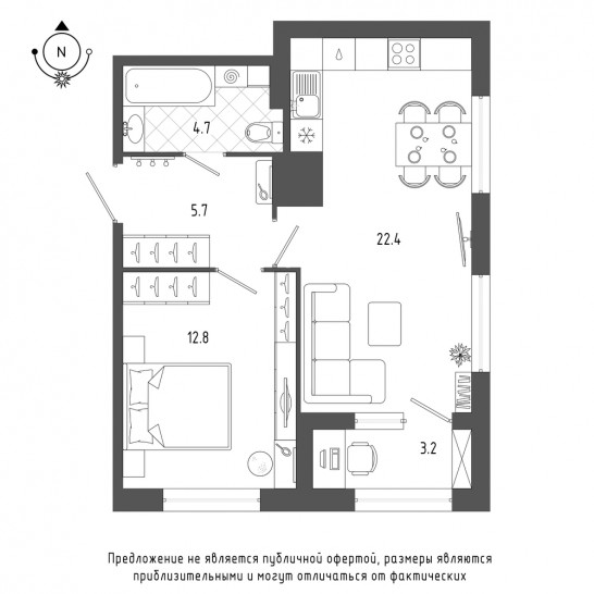 Однокомнатная квартира 47.2 м²