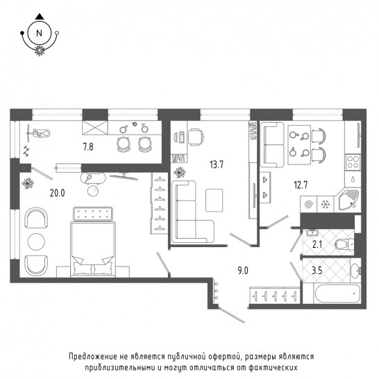 Двухкомнатная квартира 64.9 м²