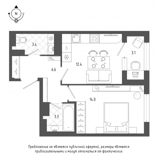 Однокомнатная квартира 41.3 м²