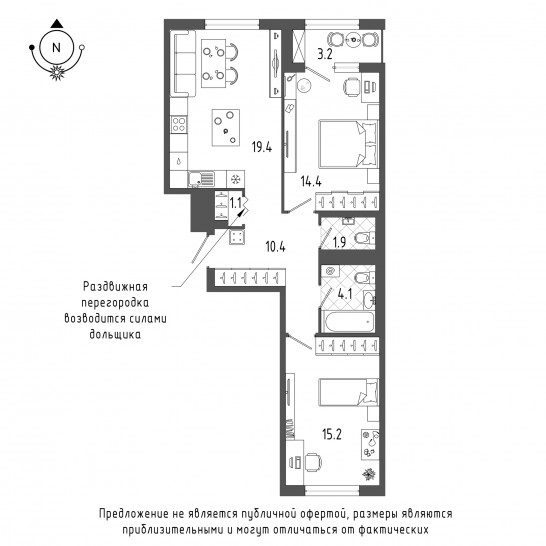 Двухкомнатная квартира 68.1 м²