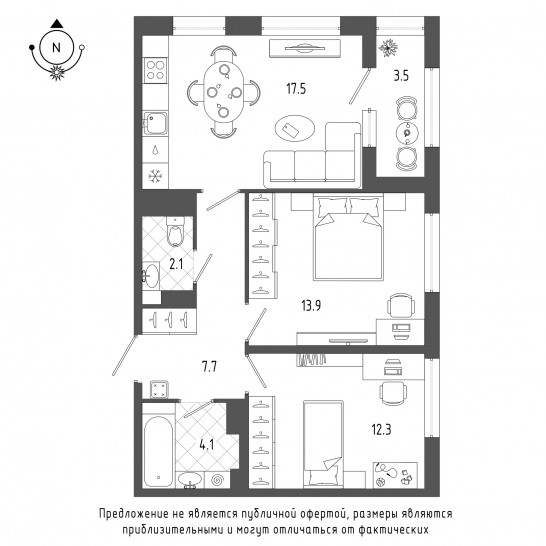 Двухкомнатная квартира 59.4 м²