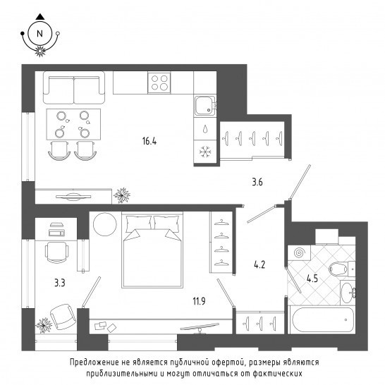 Однокомнатная квартира 42.5 м²