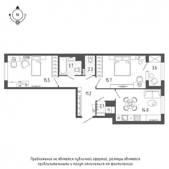 Двухкомнатная квартира 66.3 м²