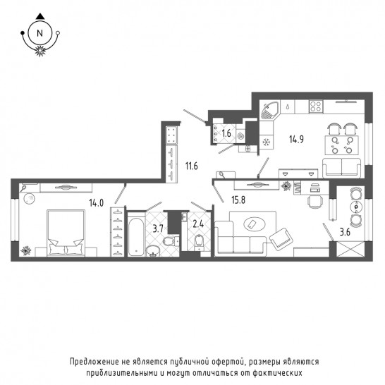Двухкомнатная квартира 65.8 м²