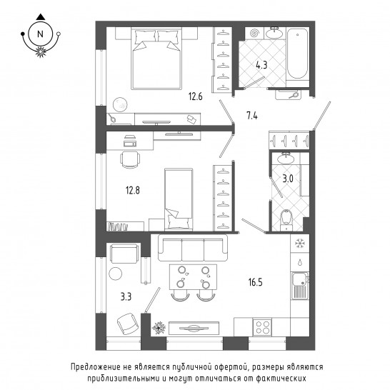 Двухкомнатная квартира 58.5 м²