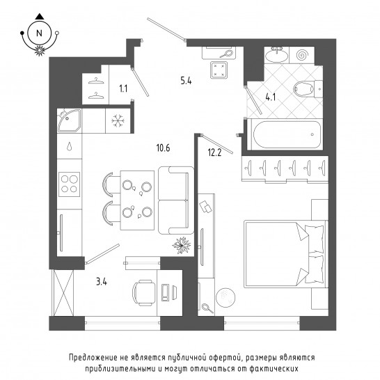 Однокомнатная квартира 35 м²