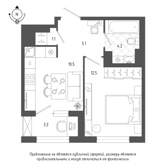 Однокомнатная квартира 35.1 м²