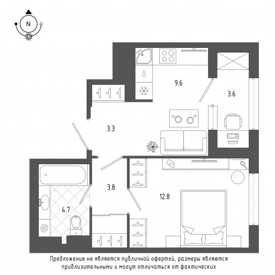 Однокомнатная квартира 36 м²