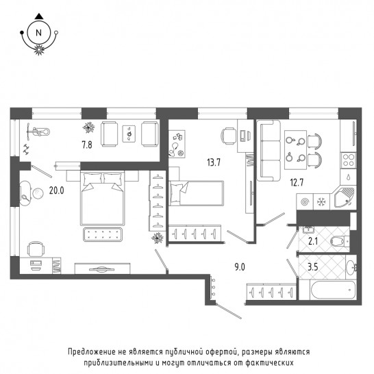 Двухкомнатная квартира 64.9 м²