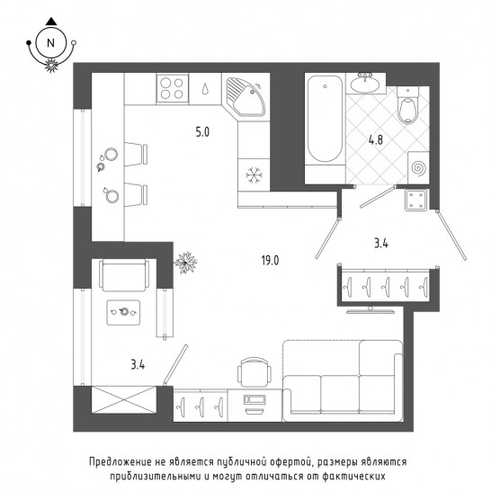 Студия 33.9 м²