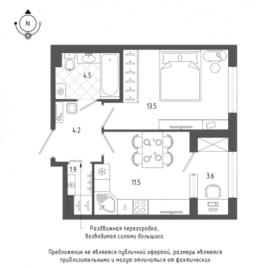 Однокомнатная квартира 37.4 м²